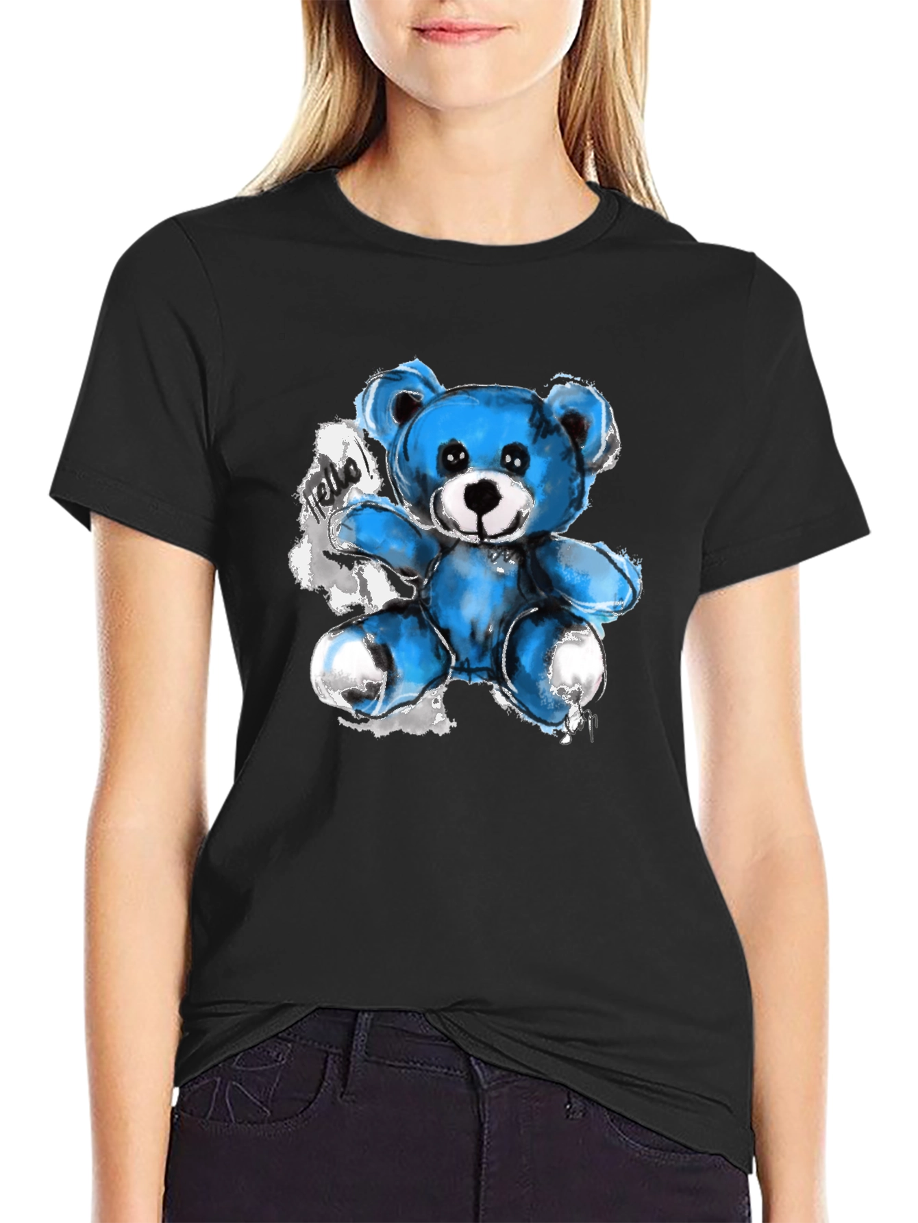 Blue Teddy Bear Graphic Print Black T-Shirt