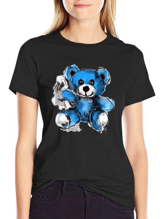 Blue Teddy Bear Graphic Print Black T-Shirt