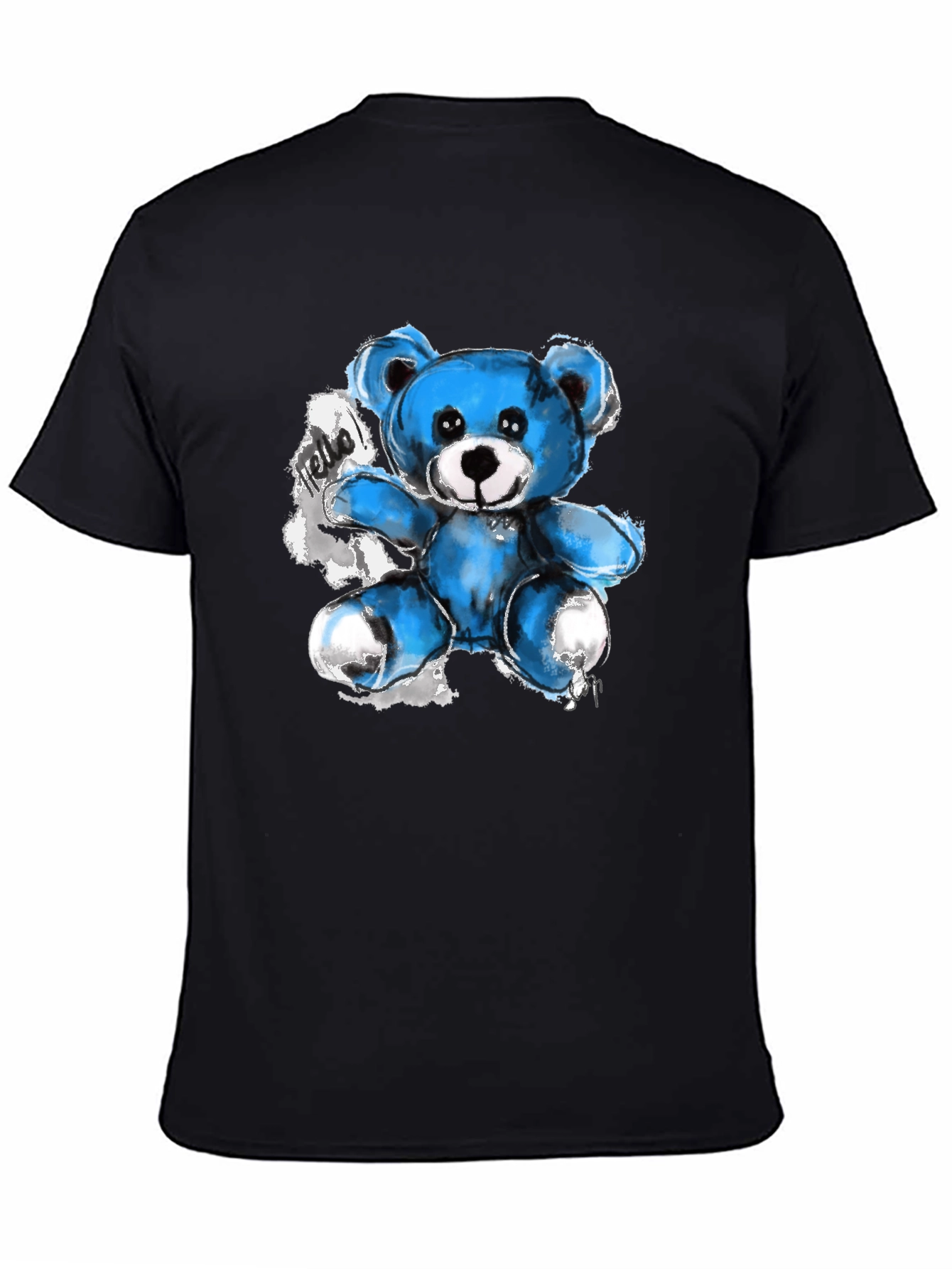 Blue Teddy Bear Graphic Print Black T-Shirt