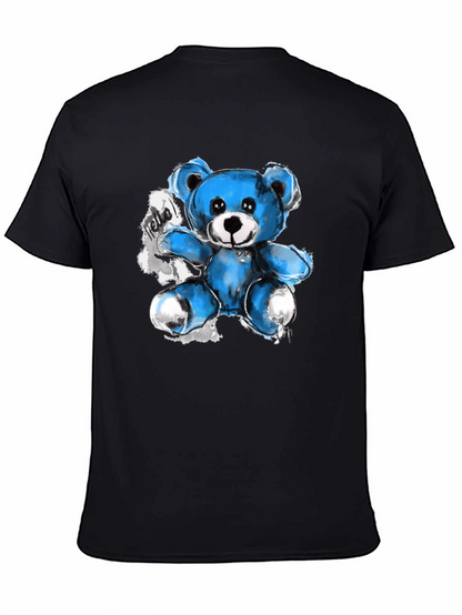 Blue Teddy Bear Graphic Print Black T-Shirt