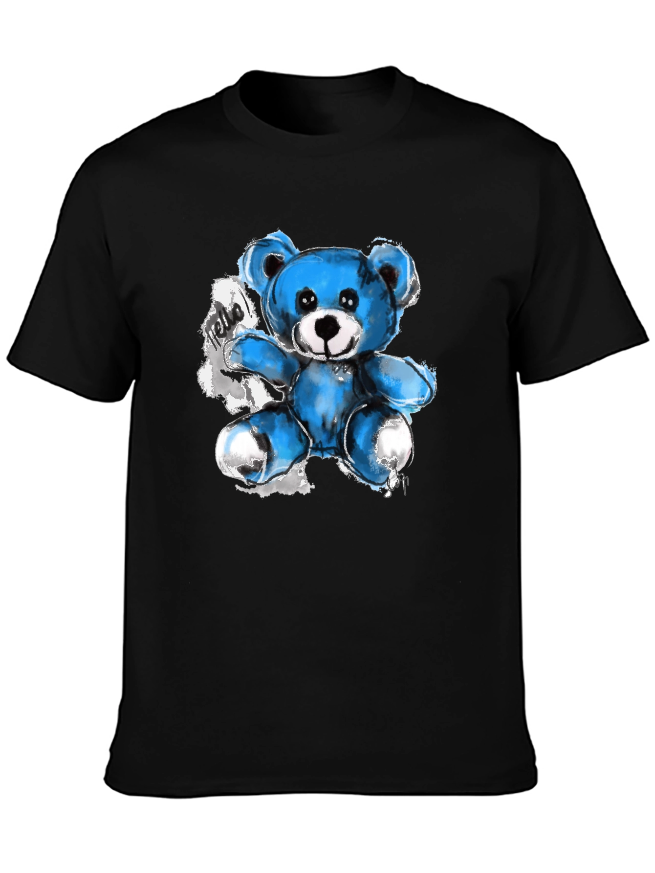 Blue Teddy Bear Graphic Print Black T-Shirt