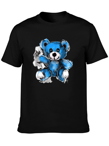Blue Teddy Bear Graphic Print Black T-Shirt