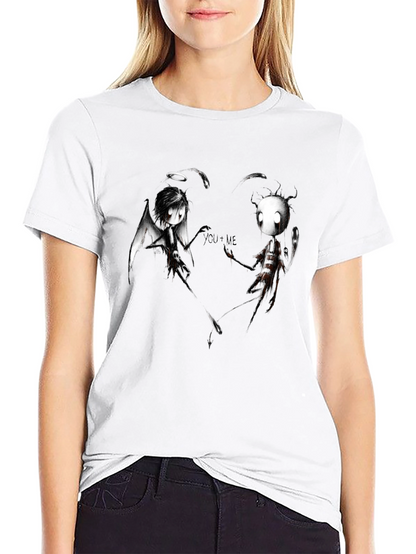 Angel Demon Couple Graphic Print Black T-Shirt