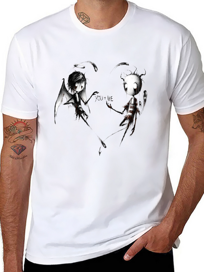 Angel Demon Couple Graphic Print Black T-Shirt