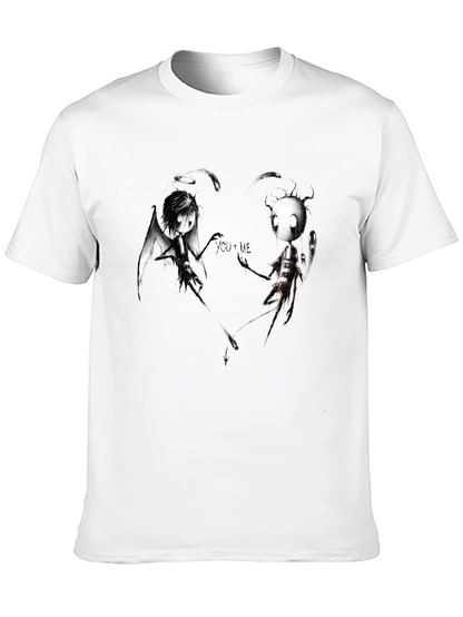 Angel Demon Couple Graphic Print Black T-Shirt