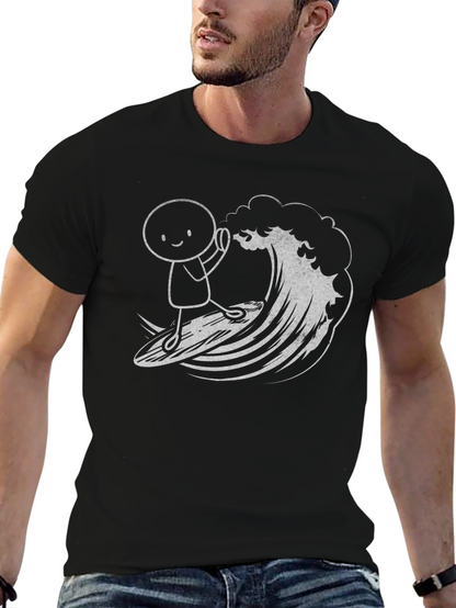 Surfing Stick Figure Graphic Tee - Black Cotton T-Shirt