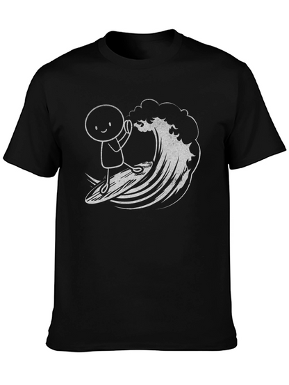 Surfing Stick Figure Graphic Tee - Black Cotton T-Shirt