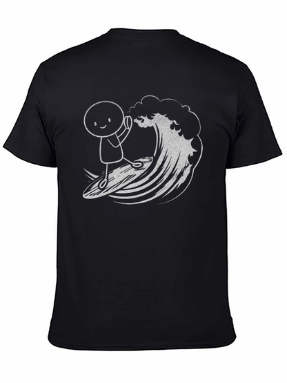 Surfing Stick Figure Graphic Tee - Black Cotton T-Shirt