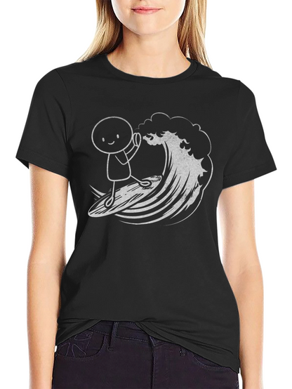 Surfing Stick Figure Graphic Tee - Black Cotton T-Shirt