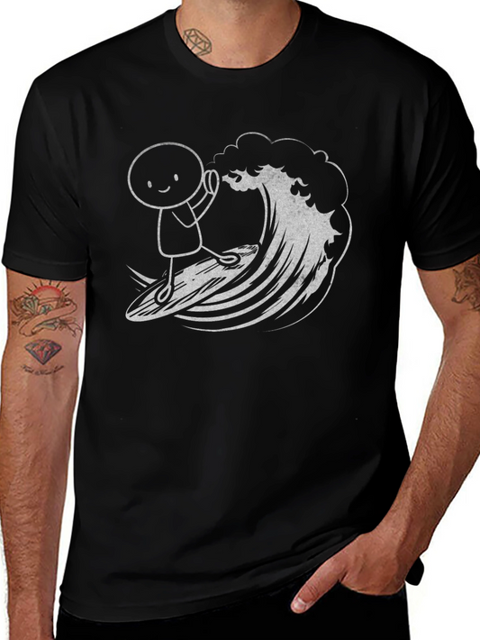 Surfing Stick Figure Graphic Tee - Black Cotton T-Shirt