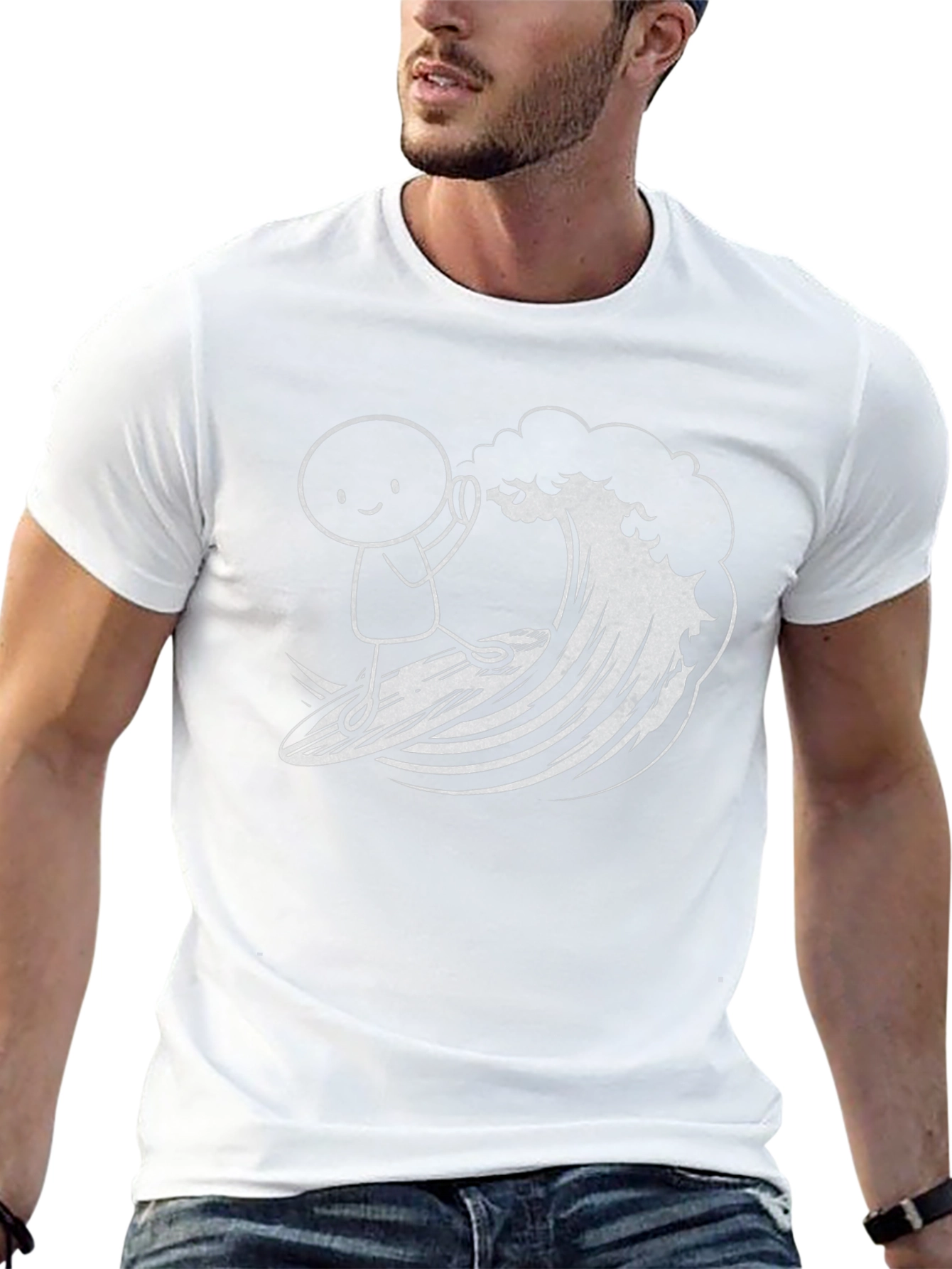 Surfing Stick Figure Graphic Tee - Black Cotton T-Shirt