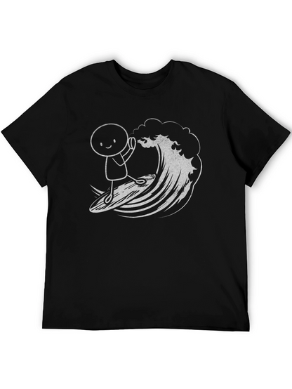 Surfing Stick Figure Graphic Tee - Black Cotton T-Shirt