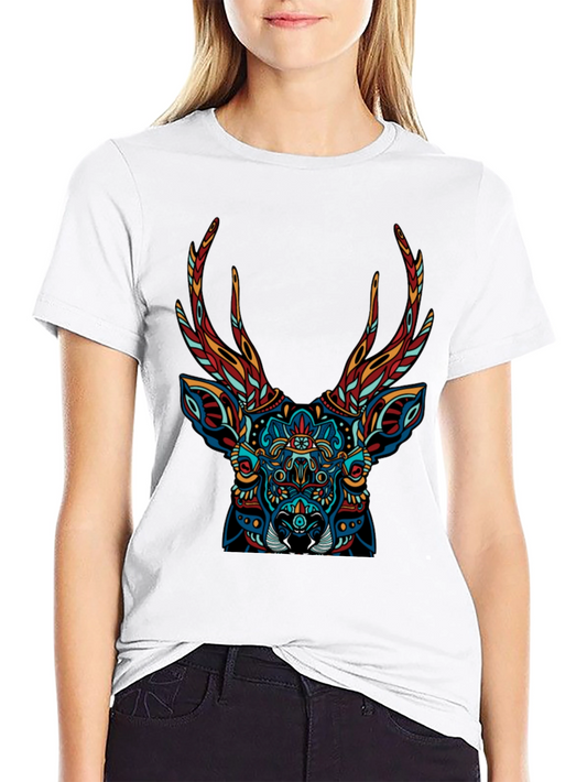 Black T-Shirt with Colorful Deer Graphic Print