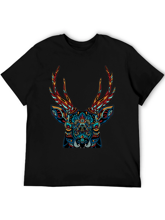 Black T-Shirt with Colorful Deer Graphic Print