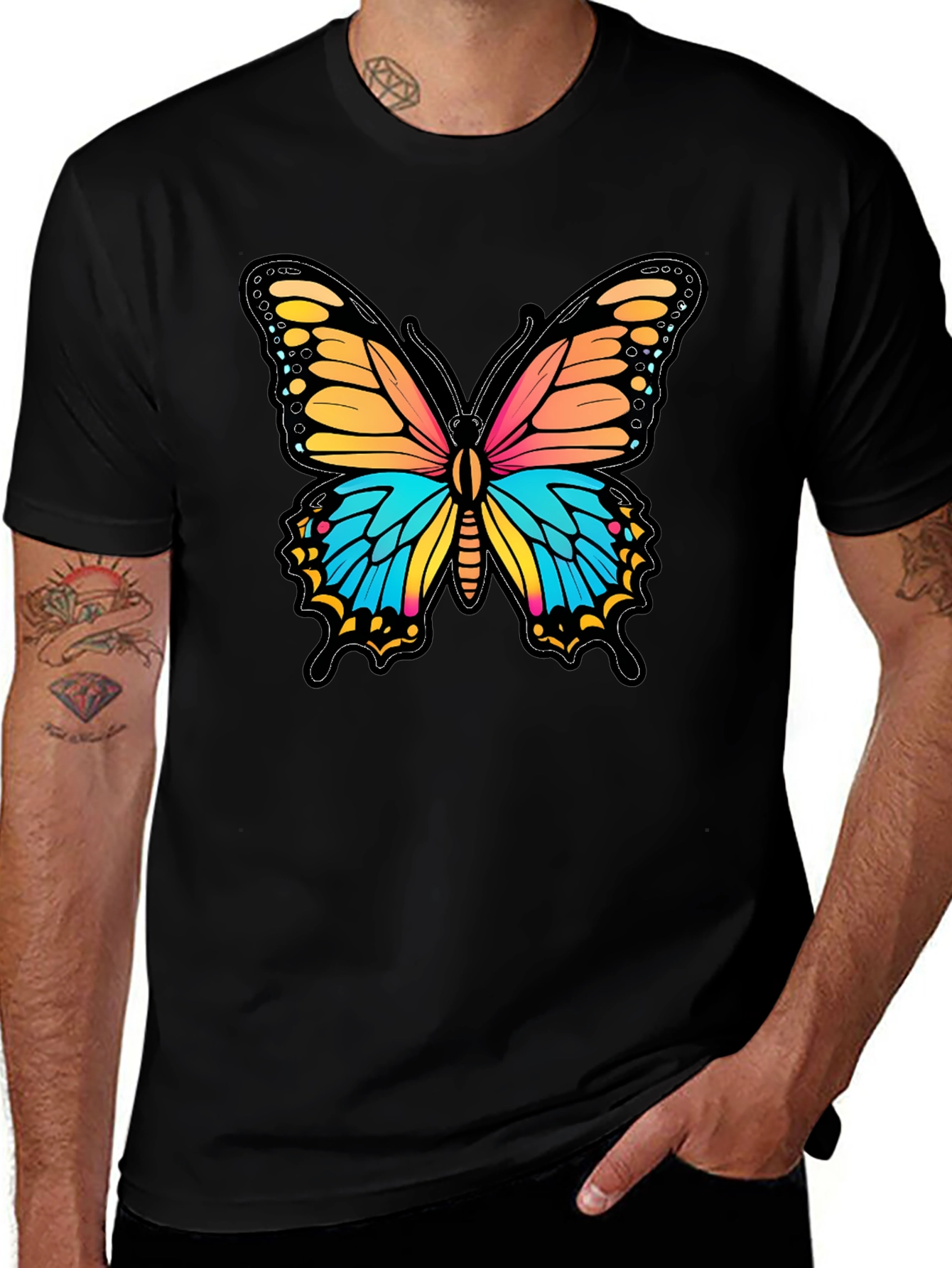 Vibrant Butterfly Graphic Print Black T-Shirt