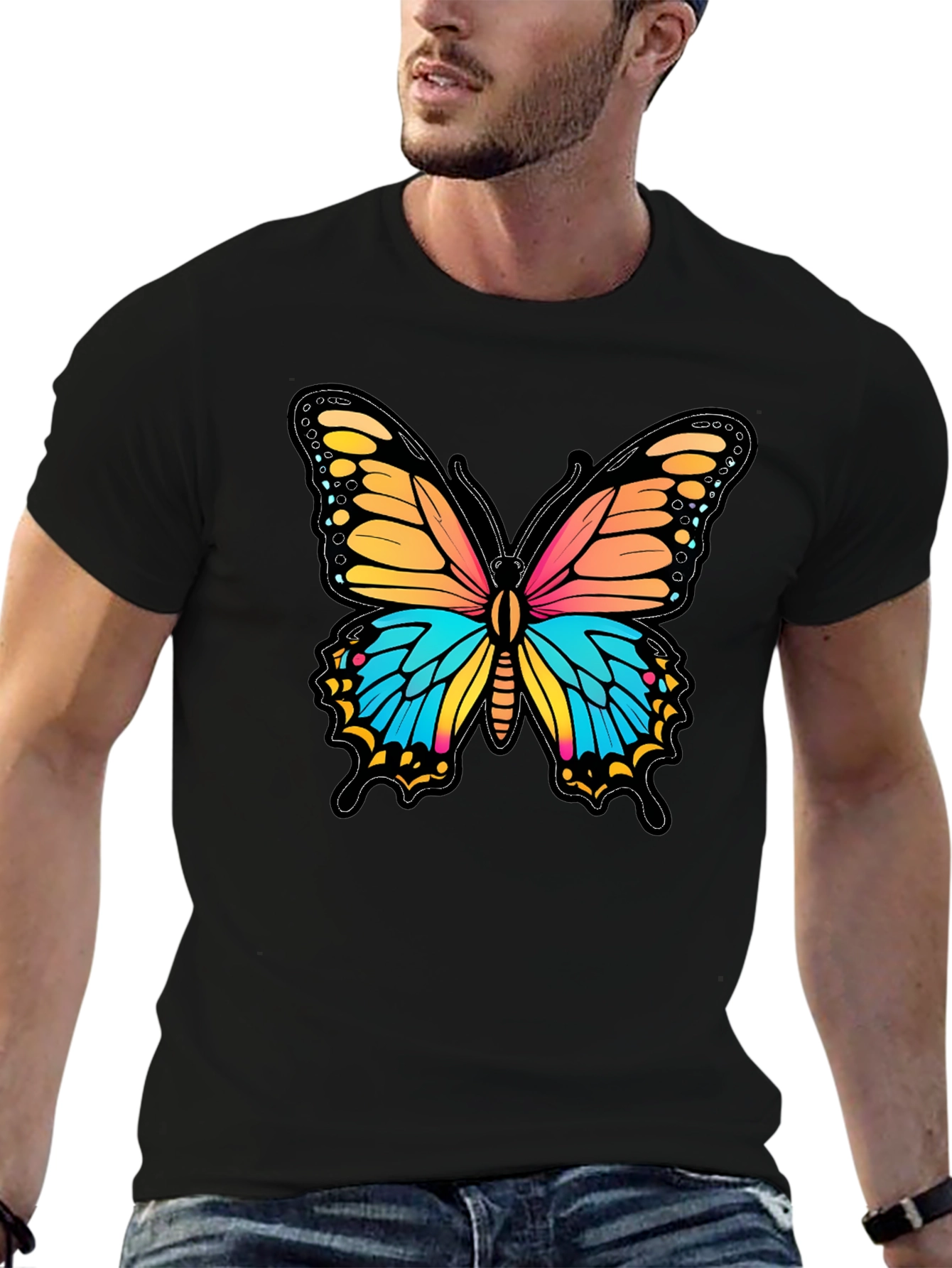 Vibrant Butterfly Graphic Print Black T-Shirt