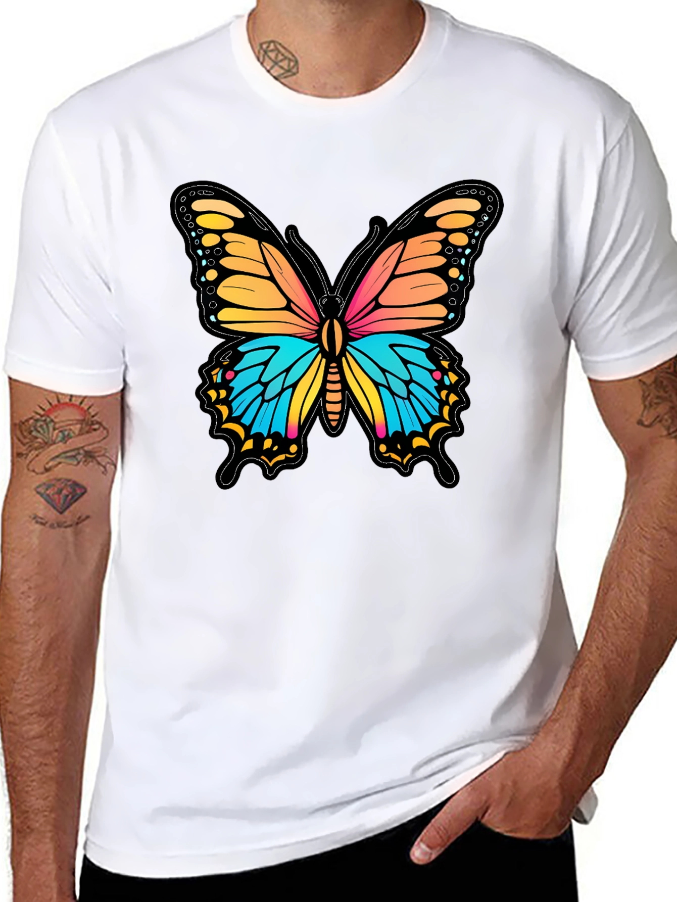Vibrant Butterfly Graphic Print Black T-Shirt