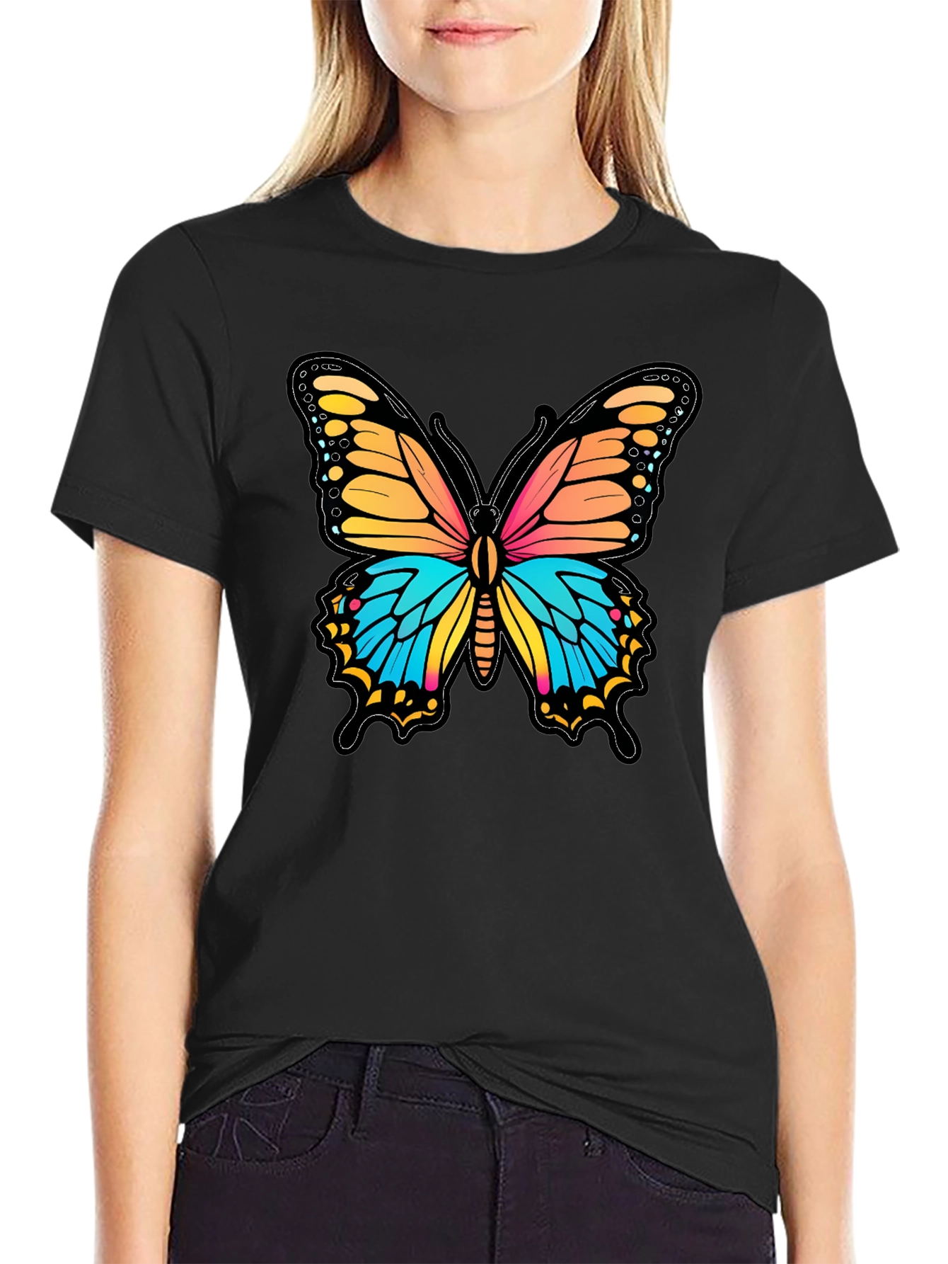 Vibrant Butterfly Graphic Print Black T-Shirt