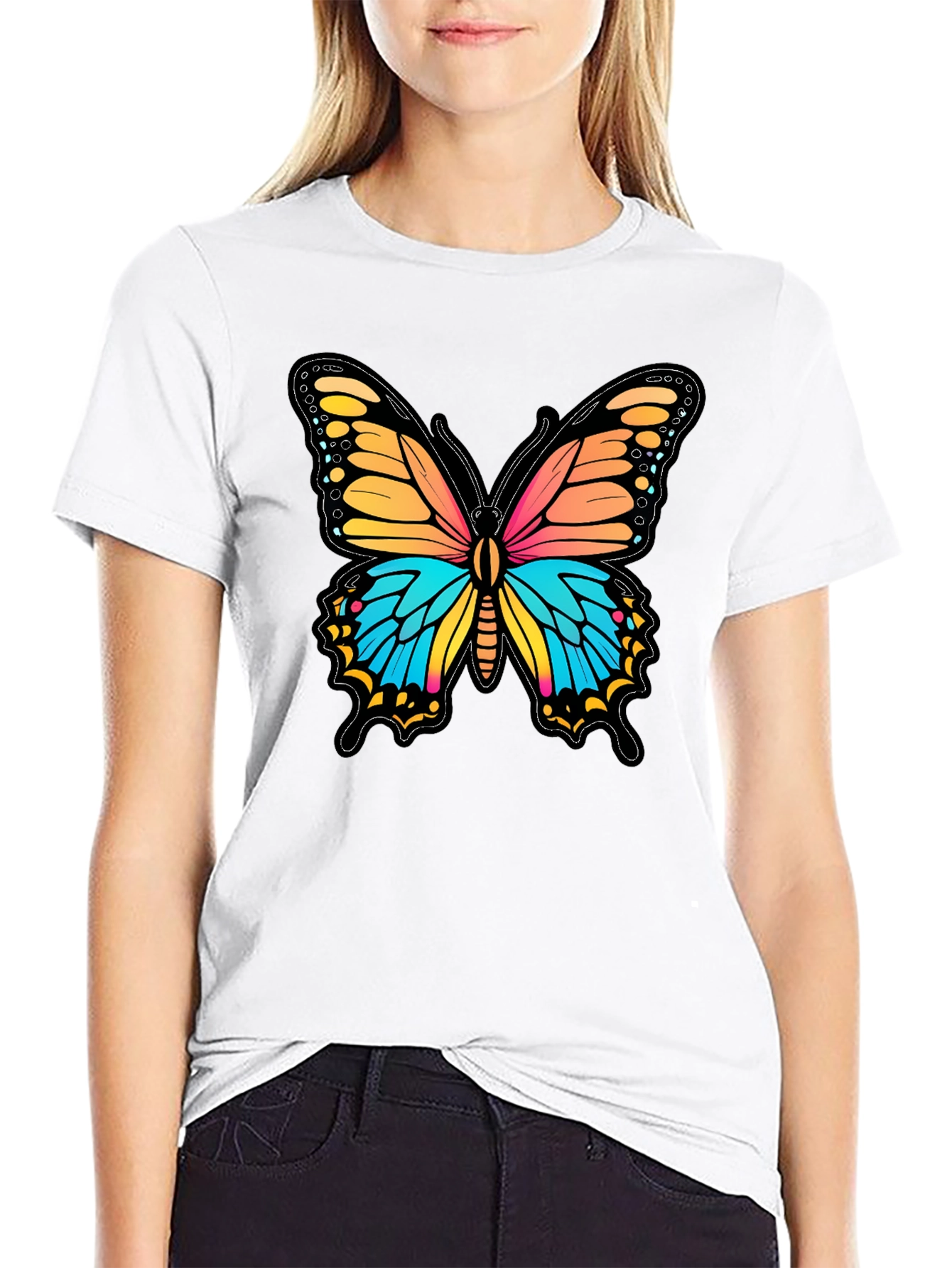 Vibrant Butterfly Graphic Print Black T-Shirt
