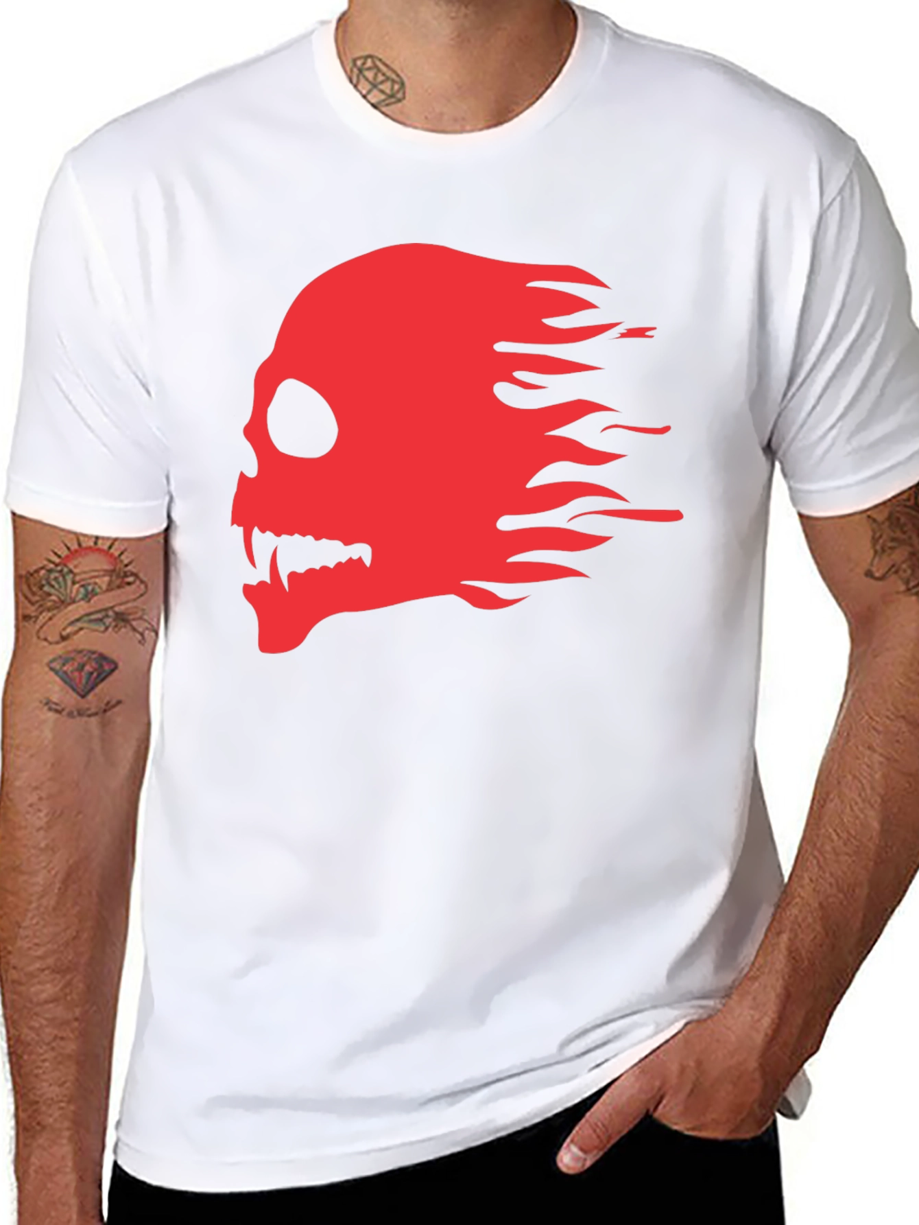 Black T-Shirt with Red Flaming Skull Graphic