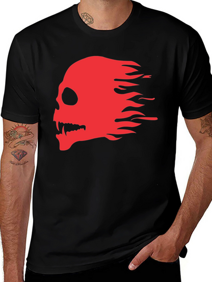 Black T-Shirt with Red Flaming Skull Graphic