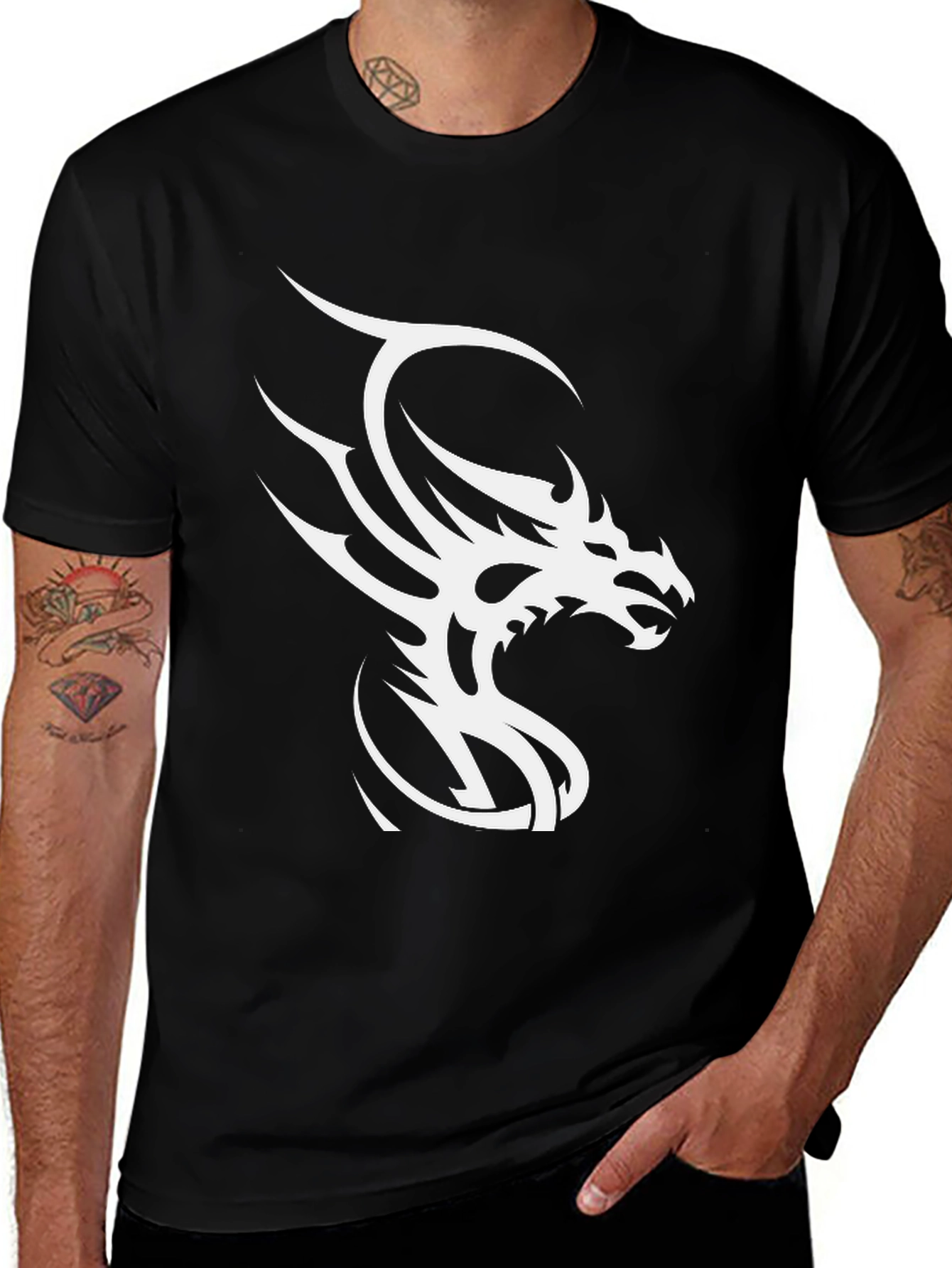 Black T-Shirt with White Dragon Graphic