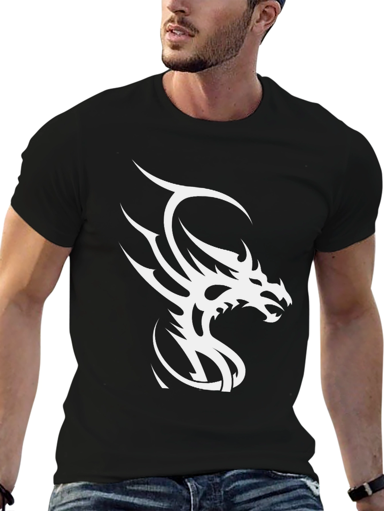 Black T-Shirt with White Dragon Graphic