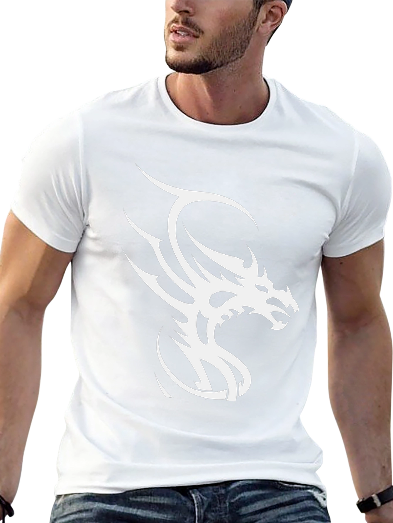 Black T-Shirt with White Dragon Graphic