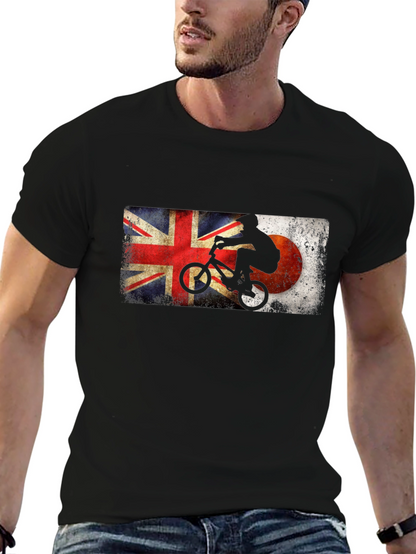 BMX Rider Union Jack & Japan Flag Black T-Shirt