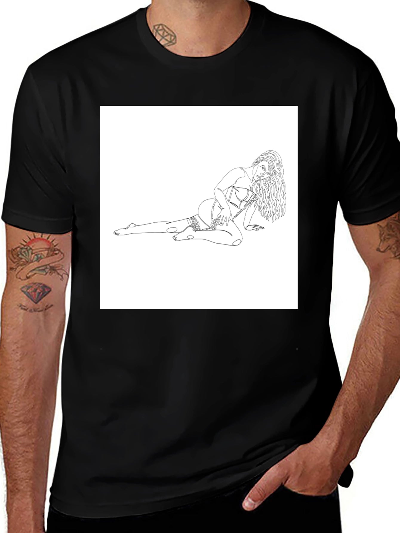 Black Tee with Risque Line Art Print