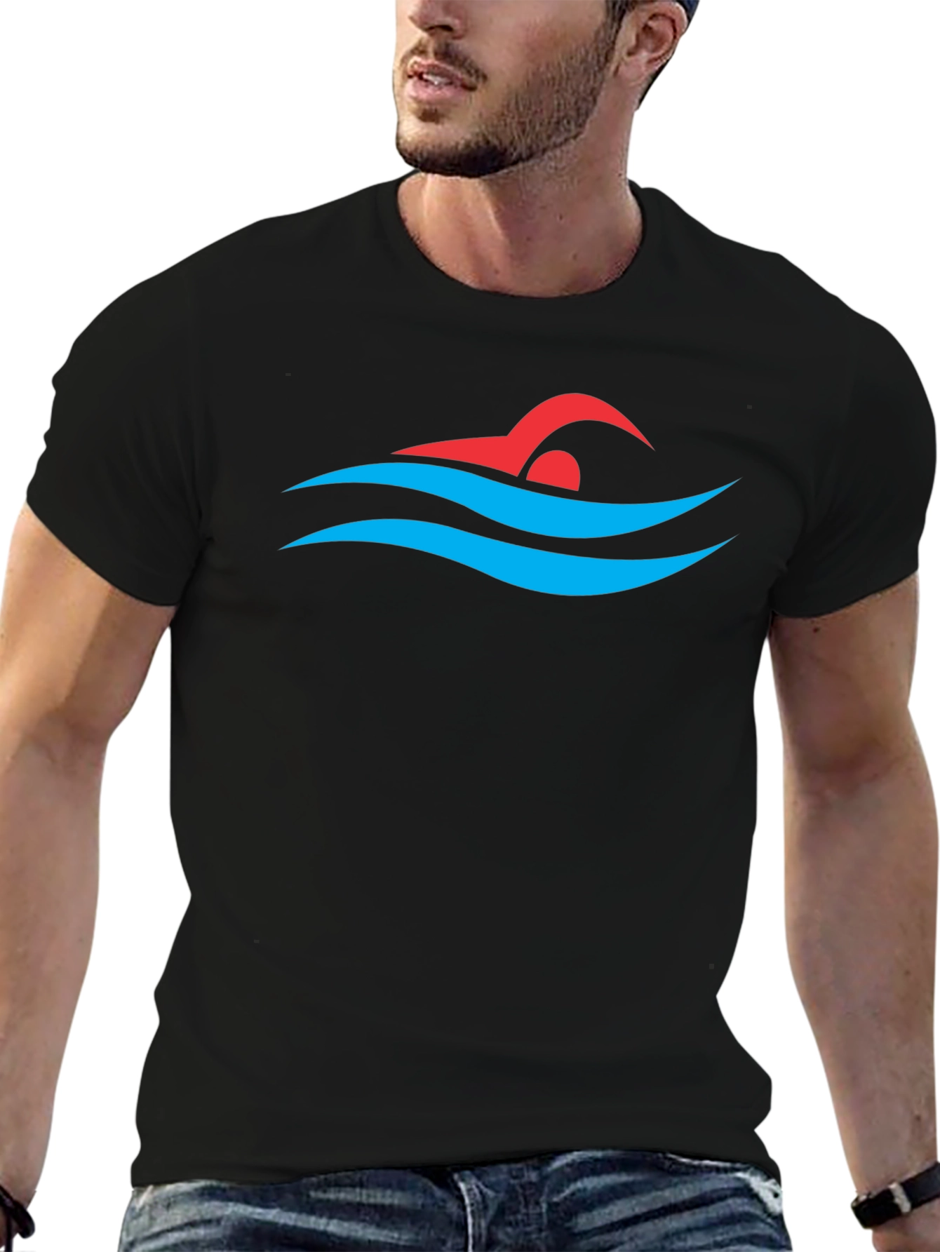 Swimmer Graphic Tee - Swim Cap and Waves Design
