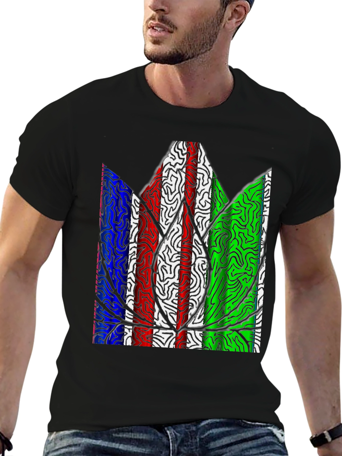 Abstract Leaf Print Mens T-Shirt - Black