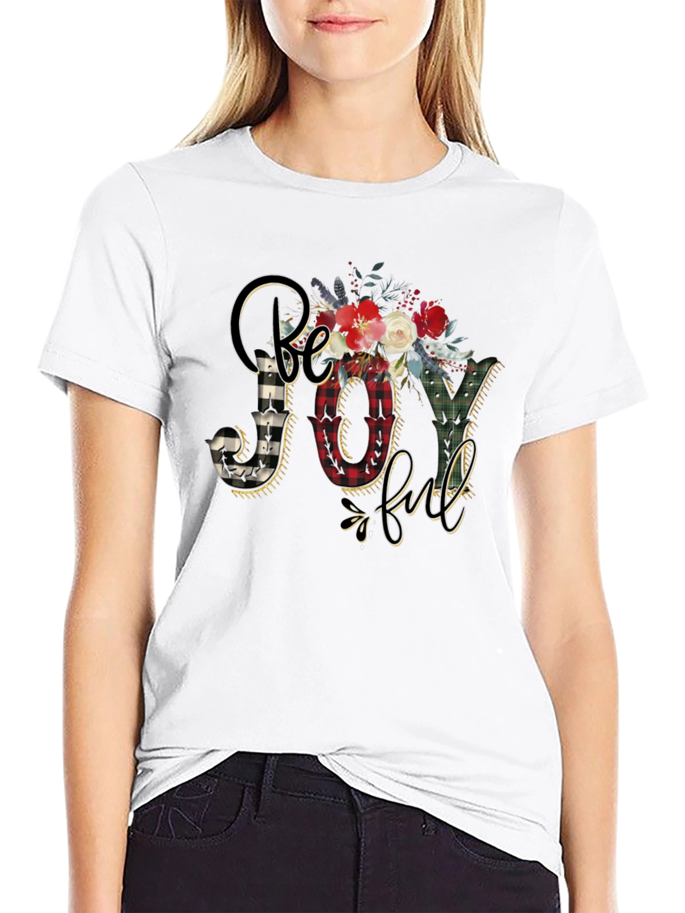 Be Joyful Floral Plaid Graphic Tee