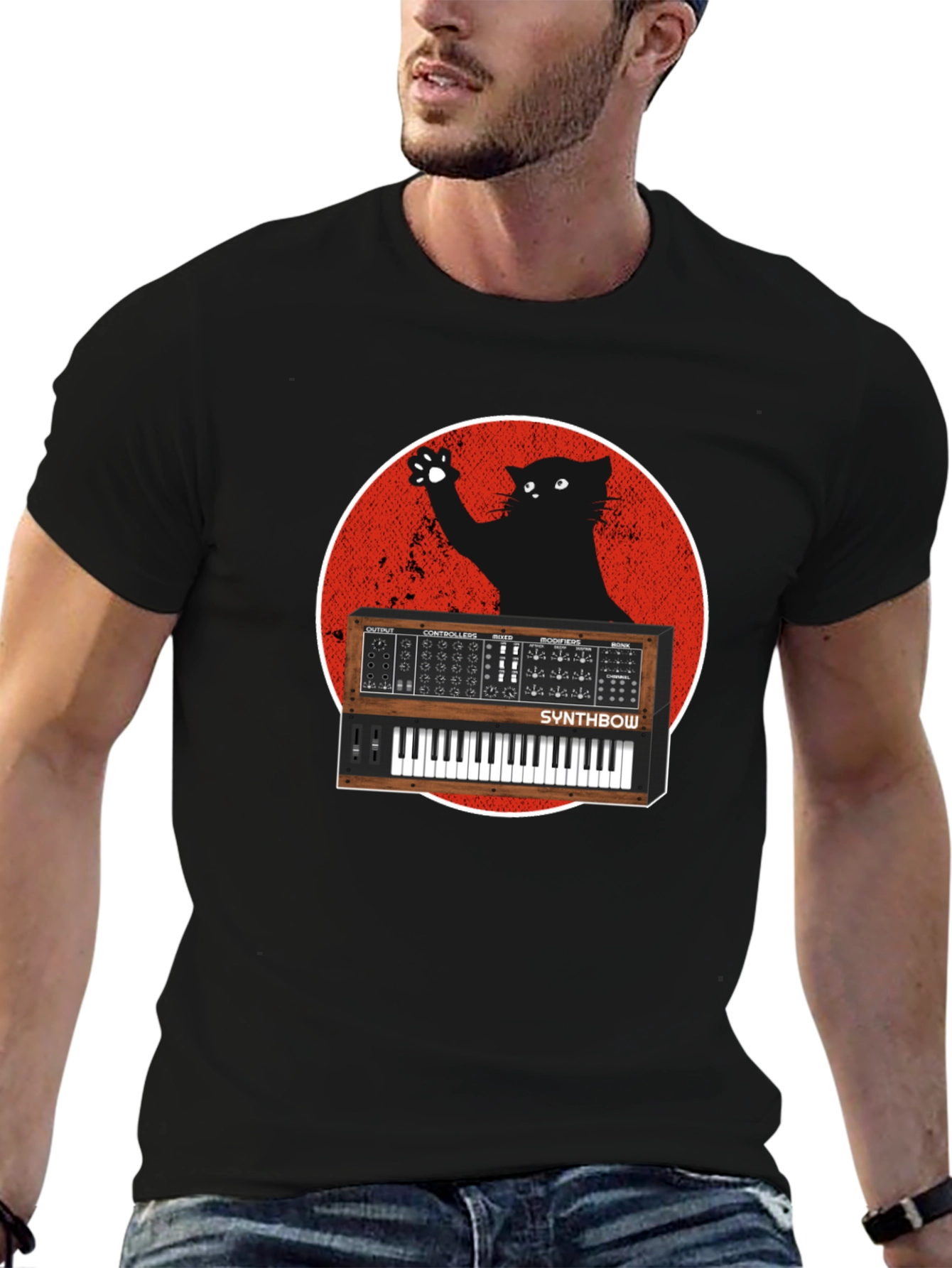 Synth Cat Graphic T-Shirt - Black