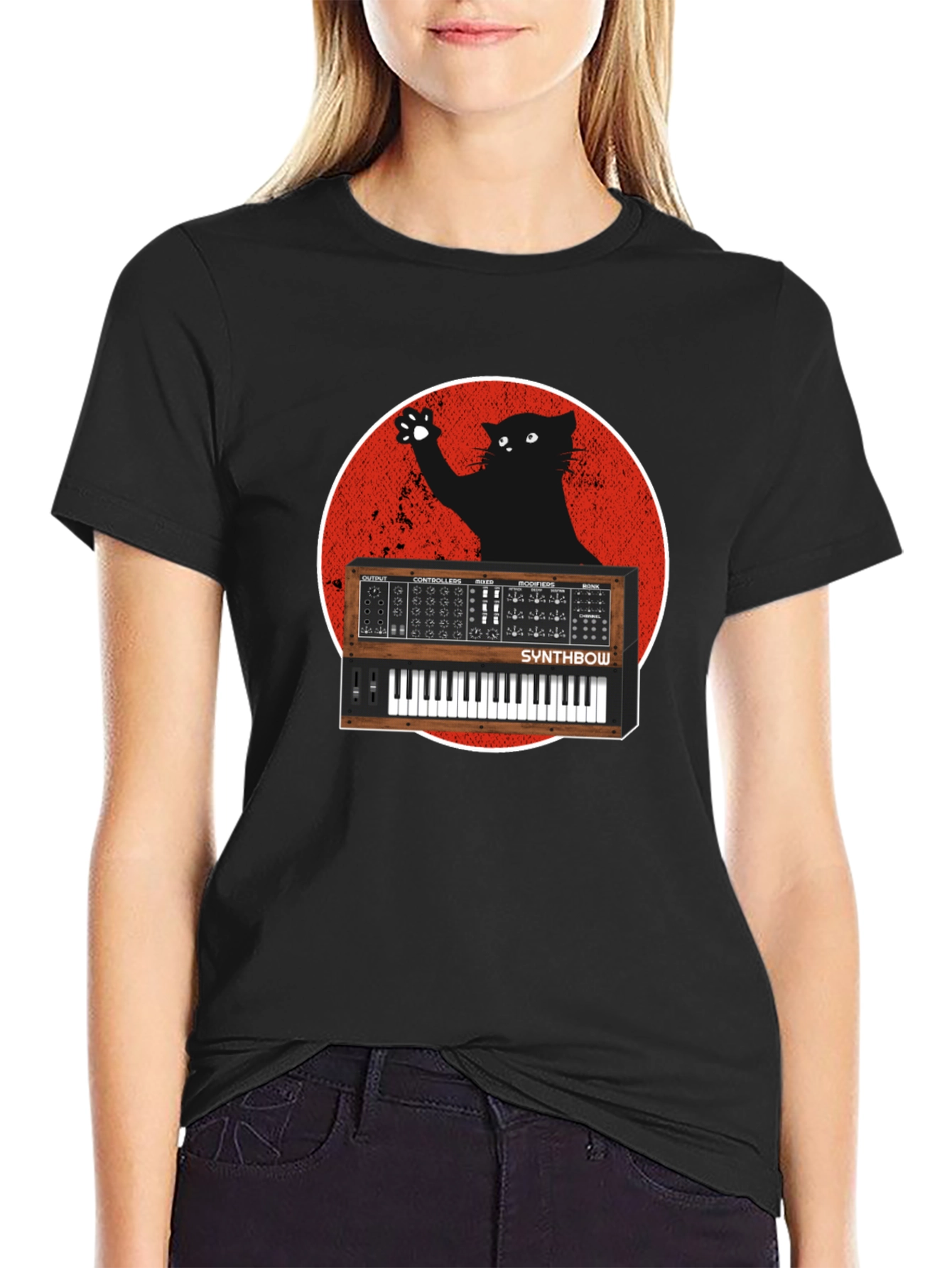 Synth Cat Graphic T-Shirt - Black