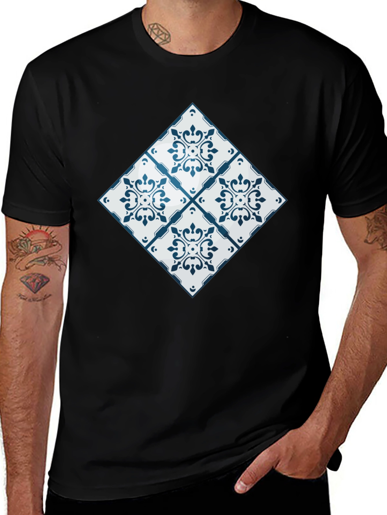 Azulejo Tile Pattern Black T-Shirt
