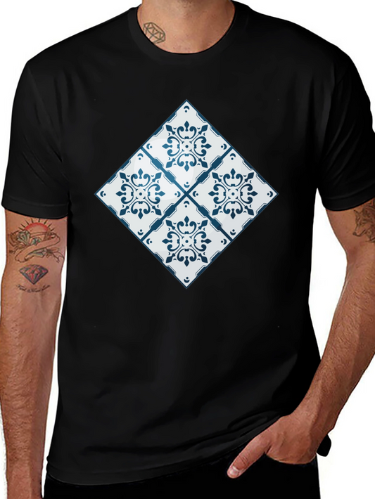 Azulejo Tile Pattern Black T-Shirt