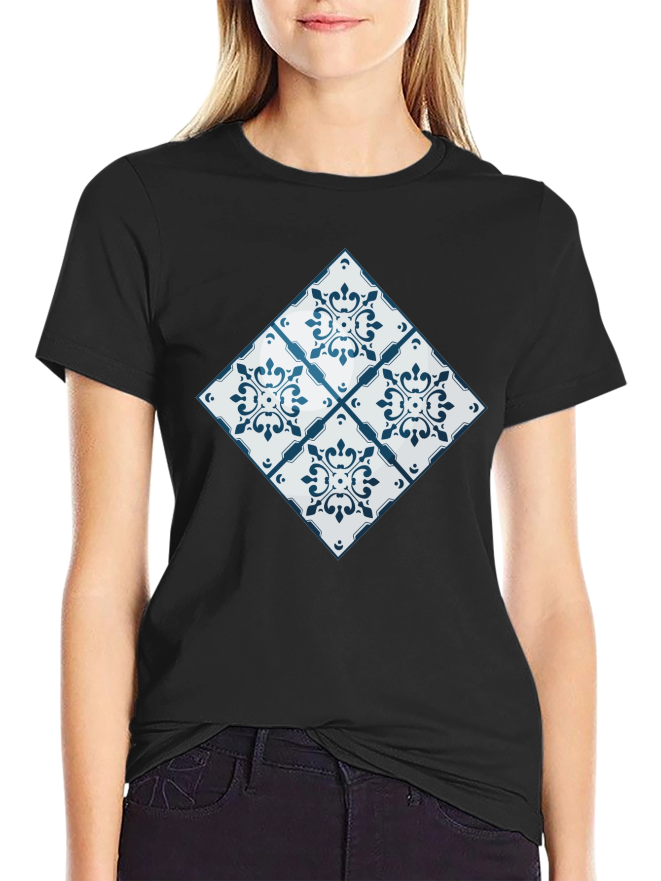 Azulejo Tile Pattern Black T-Shirt