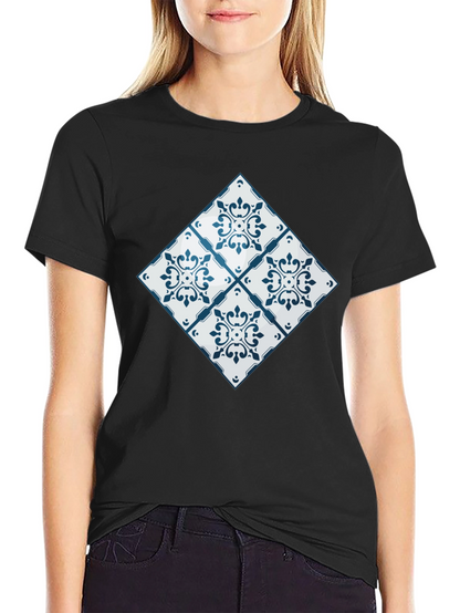 Azulejo Tile Pattern Black T-Shirt