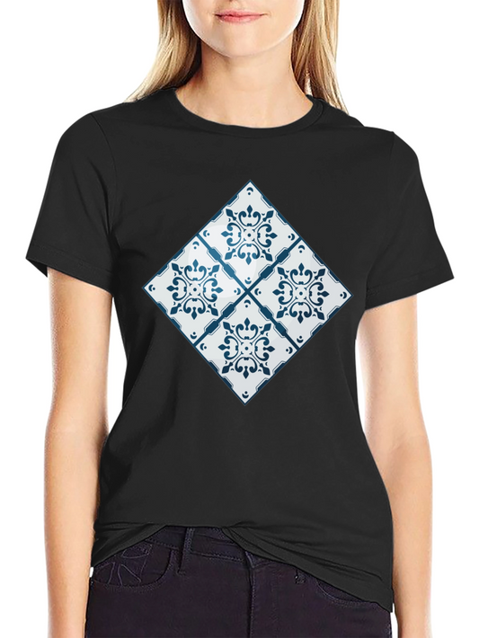 Azulejo Tile Pattern Black T-Shirt