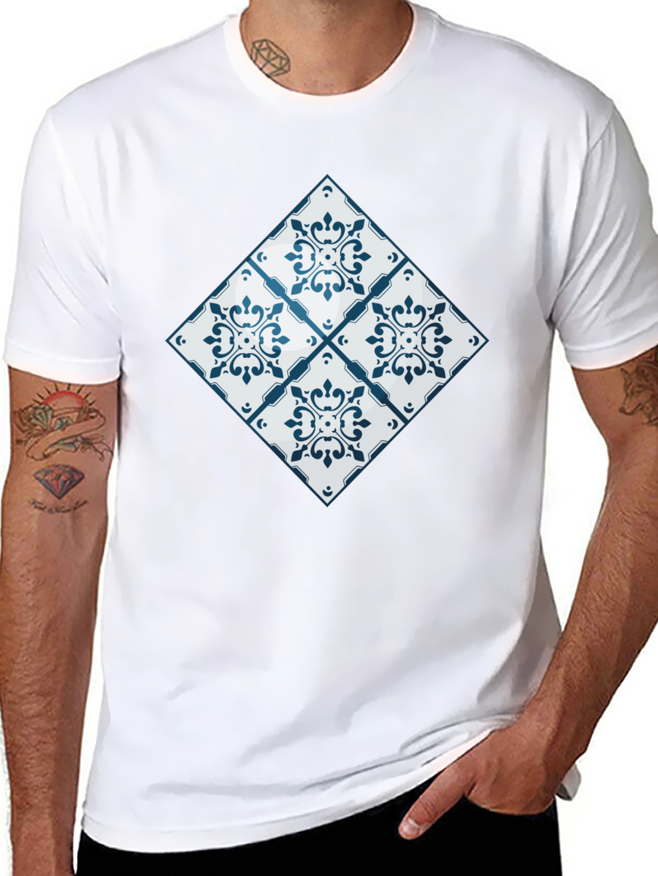 Azulejo Tile Pattern Black T-Shirt