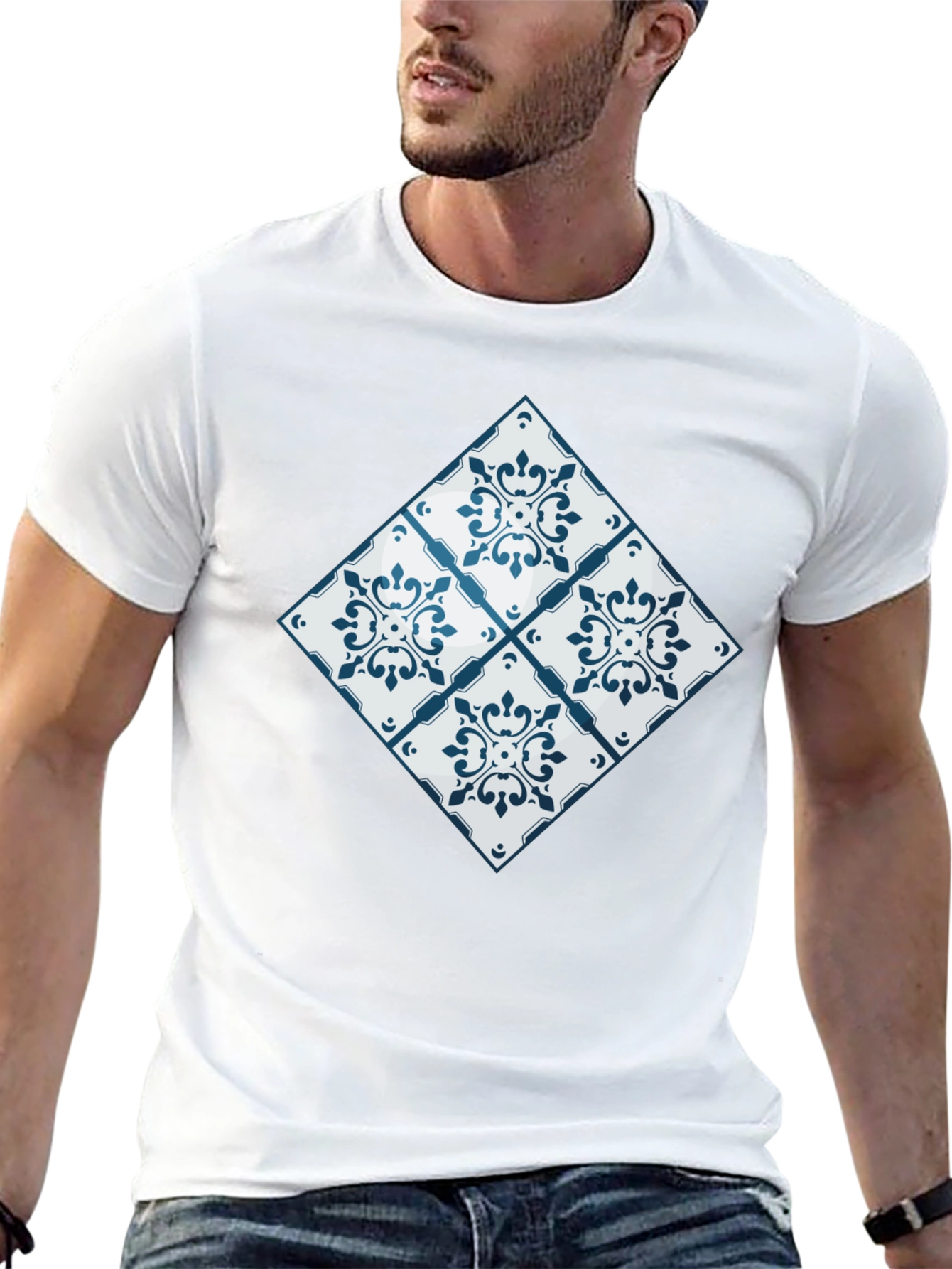 Azulejo Tile Pattern Black T-Shirt