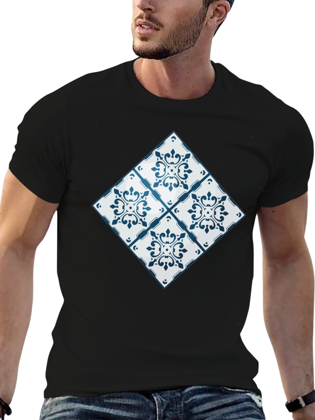 Azulejo Tile Pattern Black T-Shirt