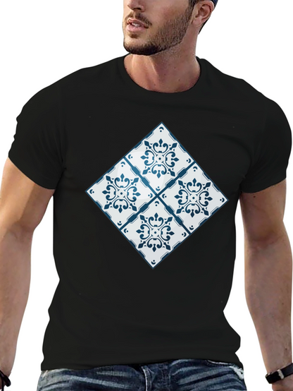 Azulejo Tile Pattern Black T-Shirt
