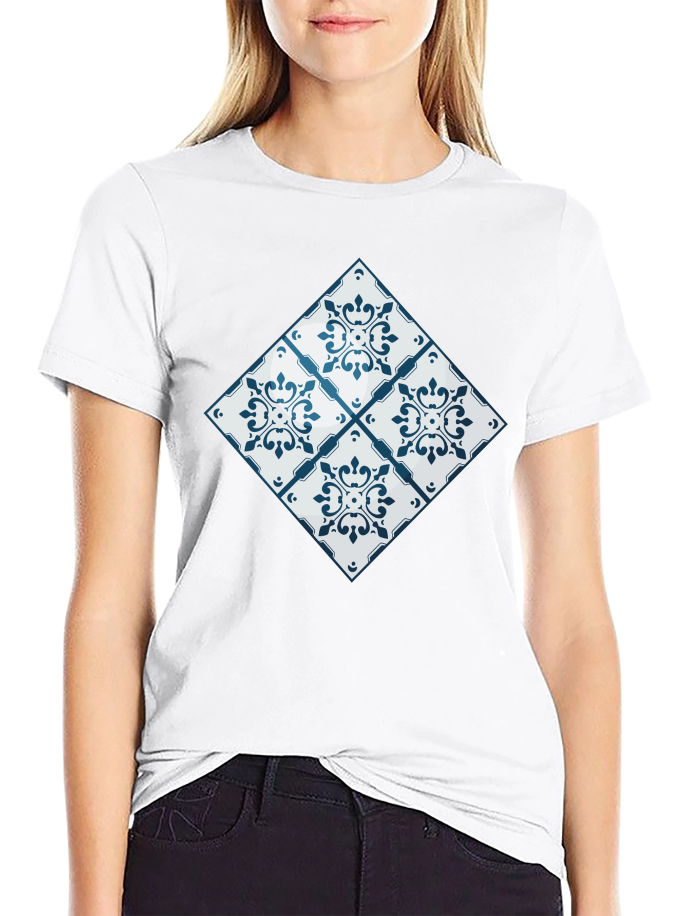 Azulejo Tile Pattern Black T-Shirt