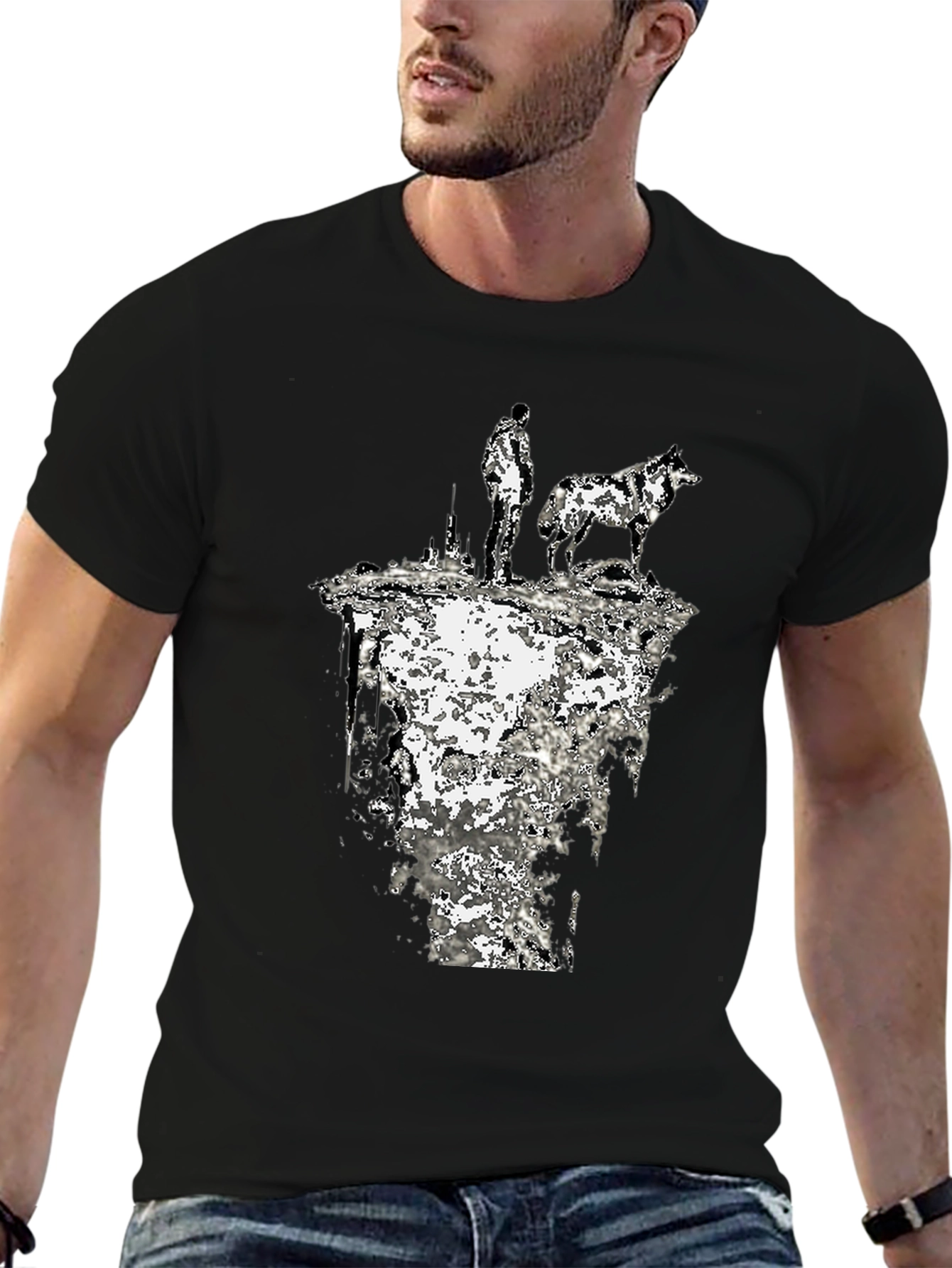 Abstract Man and Wolf Black Graphic Tee