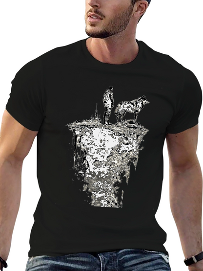 Abstract Man and Wolf Black Graphic Tee