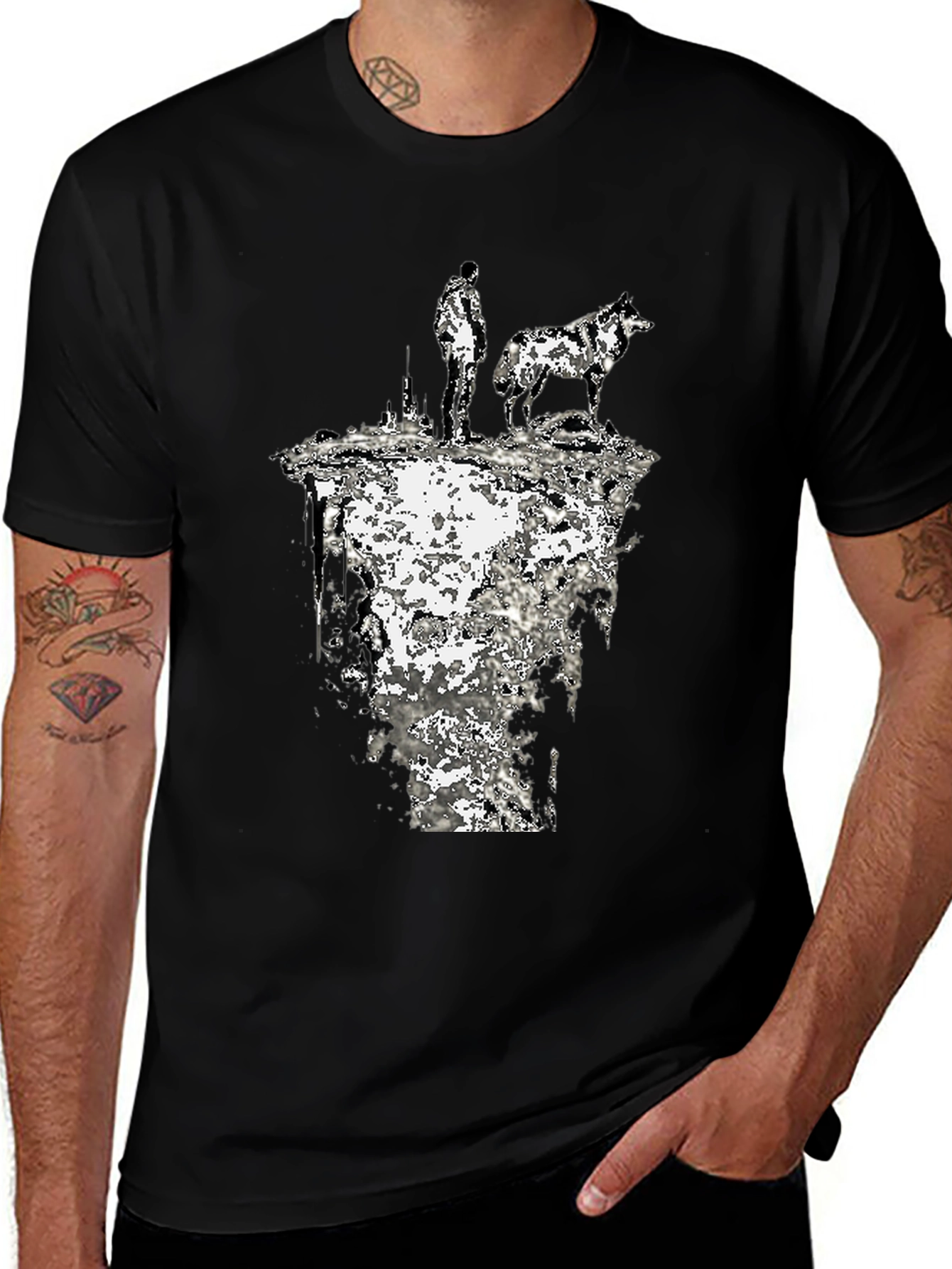 Abstract Man and Wolf Black Graphic Tee