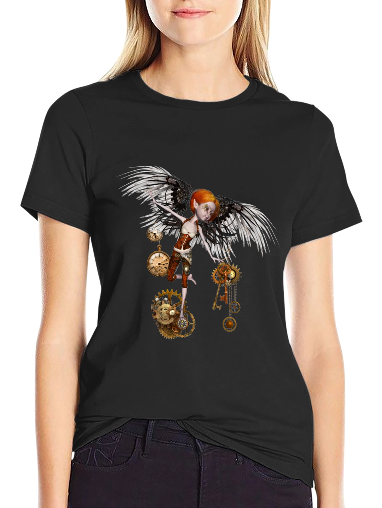 Steampunk Fairy Black T-Shirt - Whimsical Fantasy Design