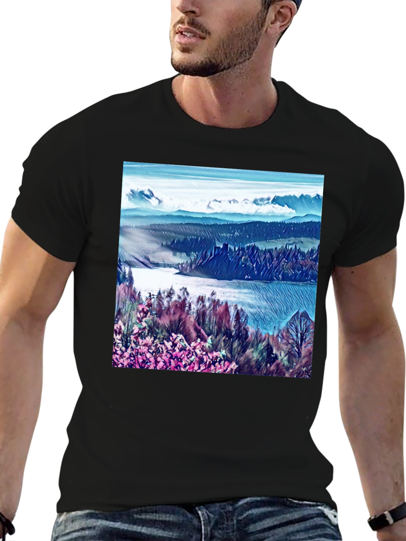 Artistic Landscape Print Black T-Shirt